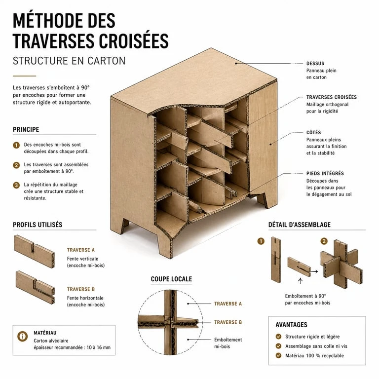 Schéma technique de la méthode des traverses pour la fabrication de meuble en carton