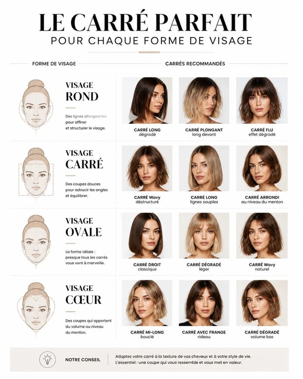 Infographie des tendances coupe carré femme selon la morphologie du visage
