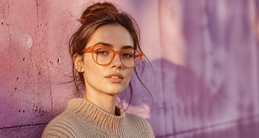 femme avec lunette orange devant mur rose