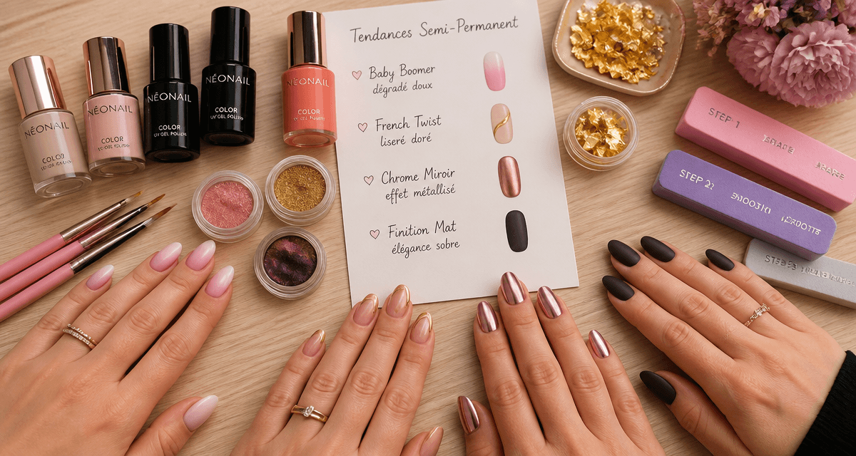 Modèle vernis semi permanent baby boomer, french doré, chrome, mat