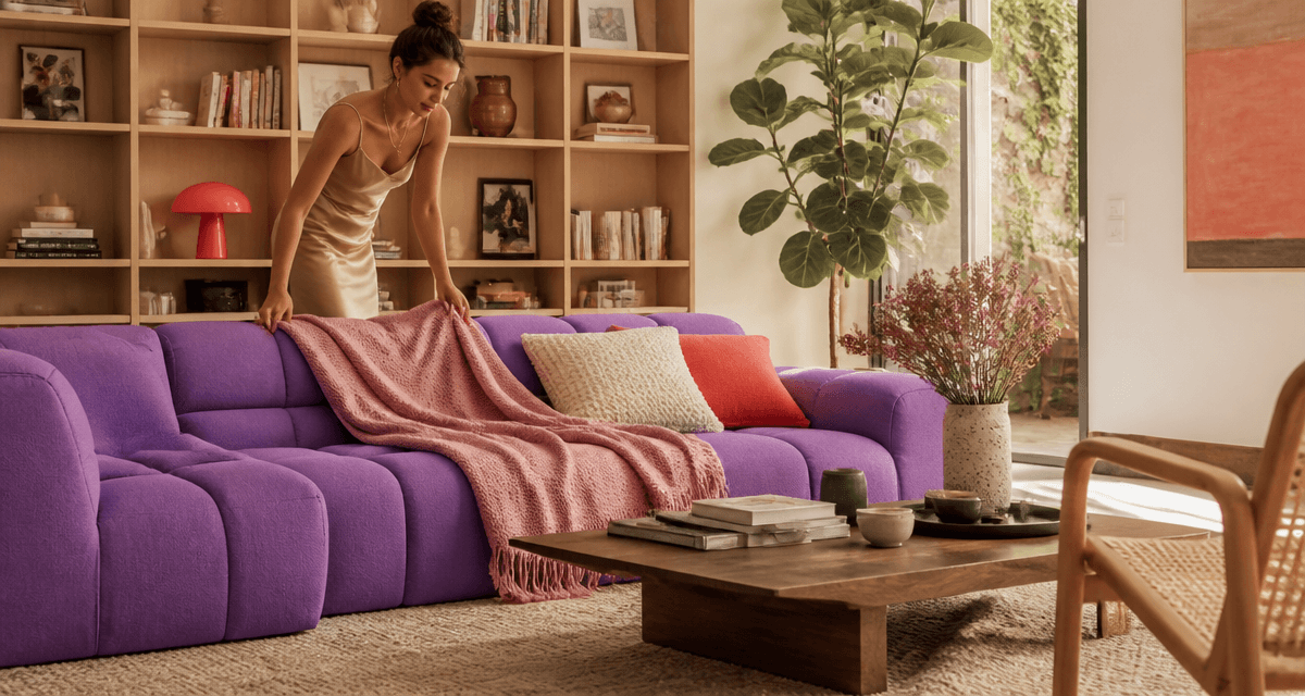 Mon amenagement maison salon moderne avec canapé violet et déco élégante