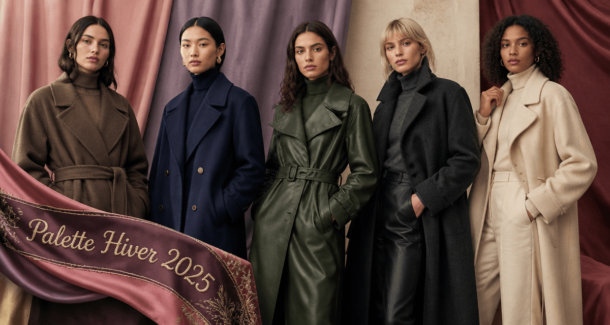 Cinq manteaux couleurs mode hiver 2025 sur mannequins