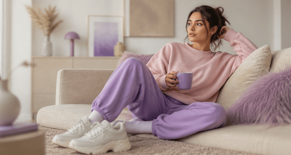 tenue chill femme loungewear canapé sneakers