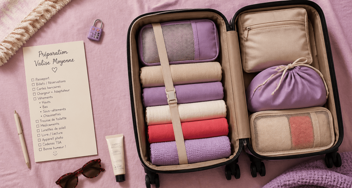 valise moyenne ouverte avec checklist et accessoires