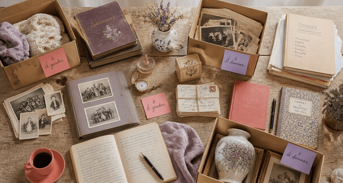 Vidage maison table tri objets anciens et cartons