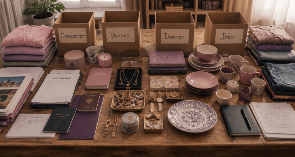 Vider maison, tri objets, boîtes conserver vendre donner jeter