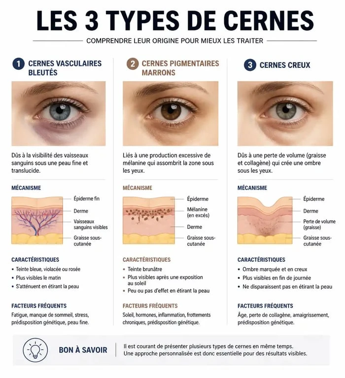 Infographie explicative des trois types de cernes pour apprendre comment cacher ses cernes sans maquillage naturellement.
