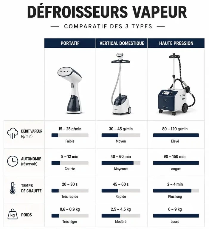Infographie comparative pour choisir son défroisseur vapeur : portatif, vertical ou professionnel