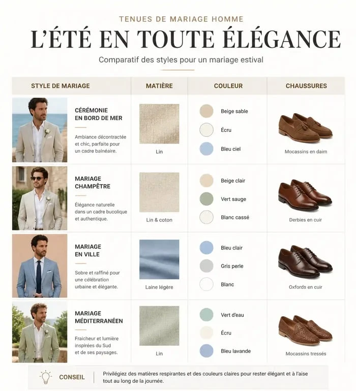 Infographie récapitulative des tenues de mariage homme pour l'été : matières, couleurs et chaussures adaptées.