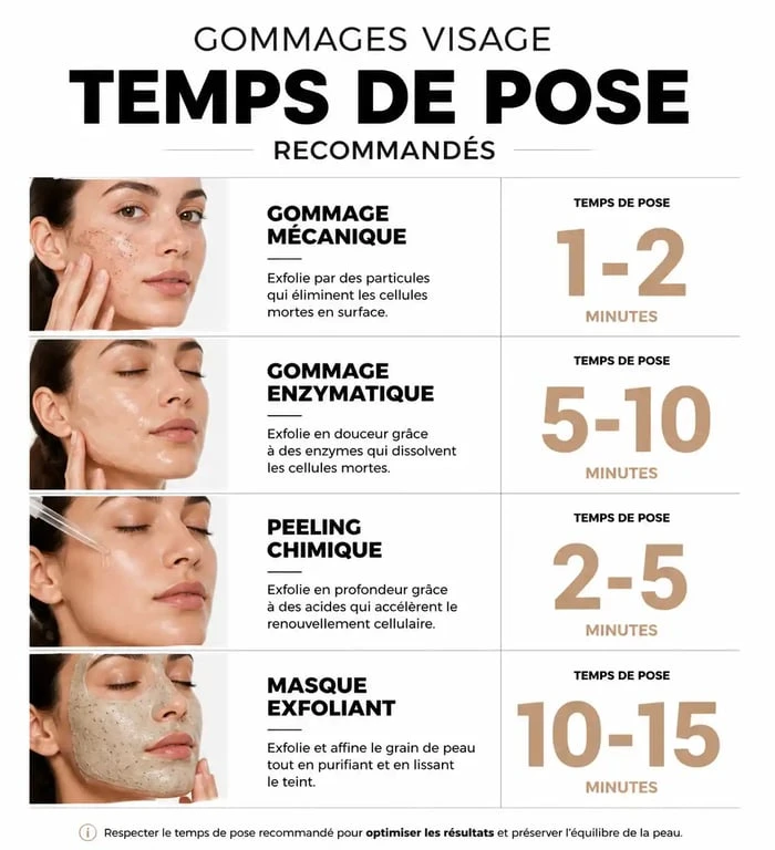 Infographie des temps de pose recommandés pour chaque type de gommage visage selon la méthode d'action