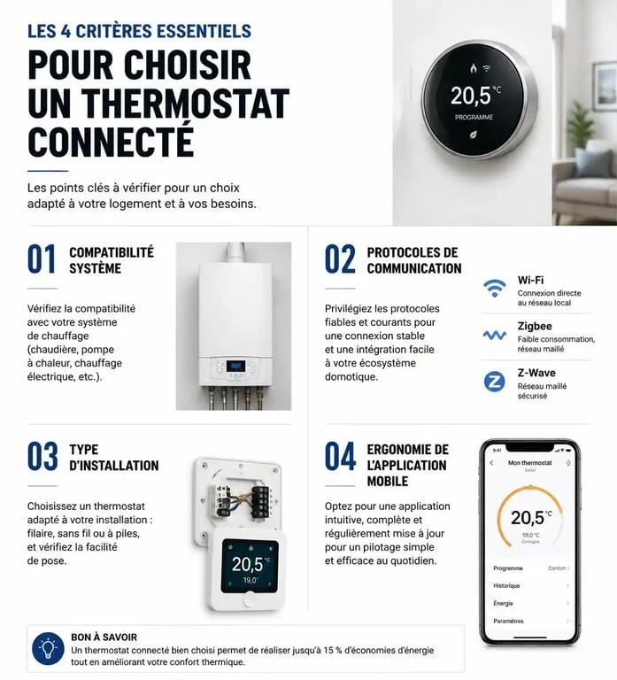 Infographie des critères pour choisir le meilleur thermostat connecté