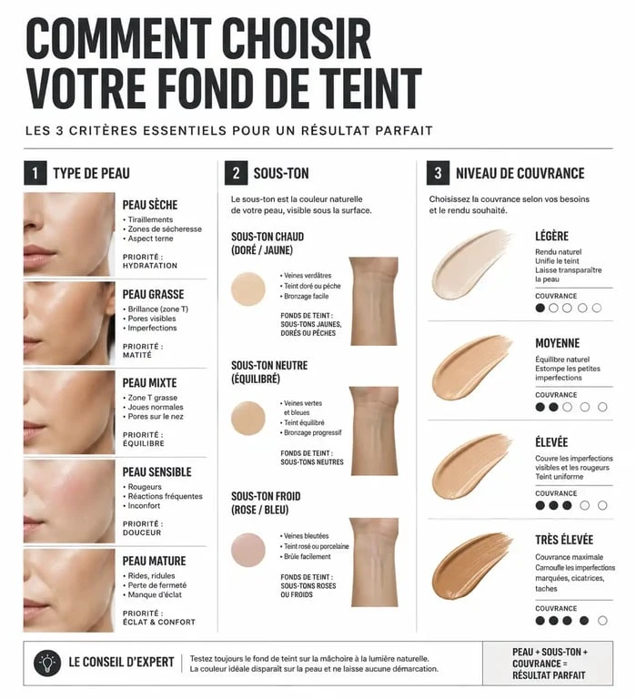Infographie récapitulative pour choisir son fond de teint selon son type de peau et ses sous-tons