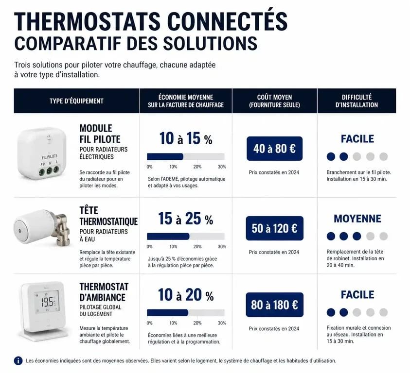 Infographie comparative des solutions de thermostat connecté pour radiateur : économies d'énergie et coûts