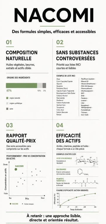 Infographie sur les avis et la composition des produits cosmétiques Nacomi pour une routine beauté naturelle