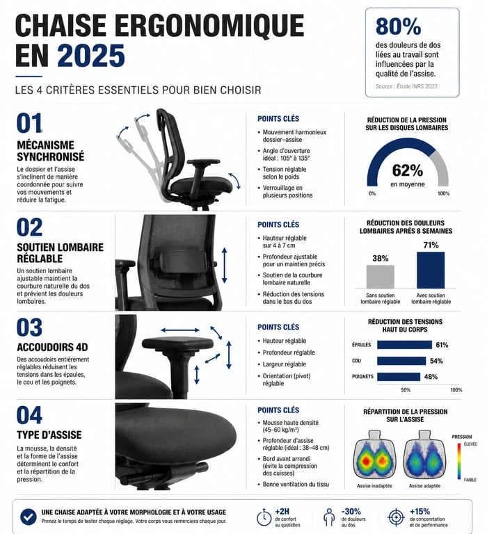 Infographie des critères de choix pour la meilleure chaise ergonomique 2025