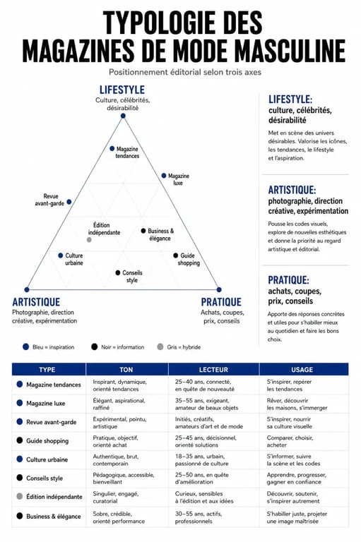 Infographie comparative des magazines de mode pour homme : lifestyle, artistique et pratique