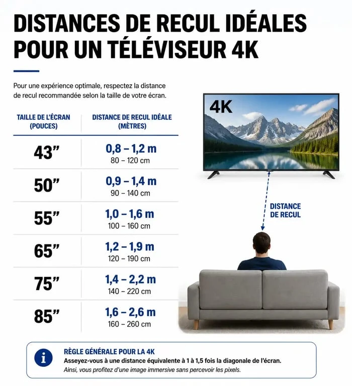 Infographie des distances idéales entre la télévision et le canapé selon la taille de l'écran