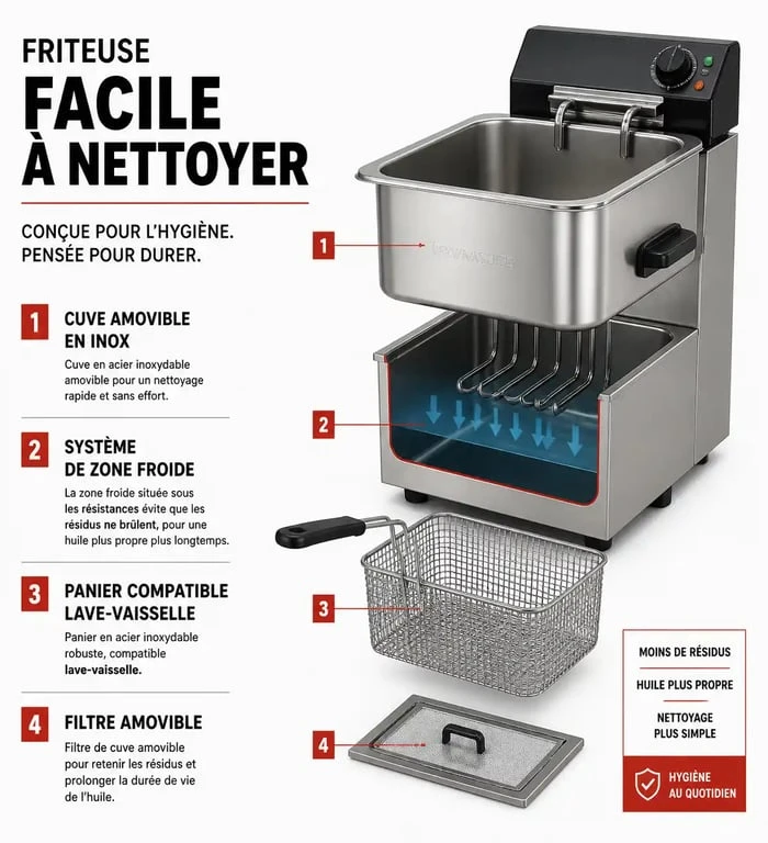 Schéma des caractéristiques d'une friteuse facile à nettoyer pour un entretien simplifié