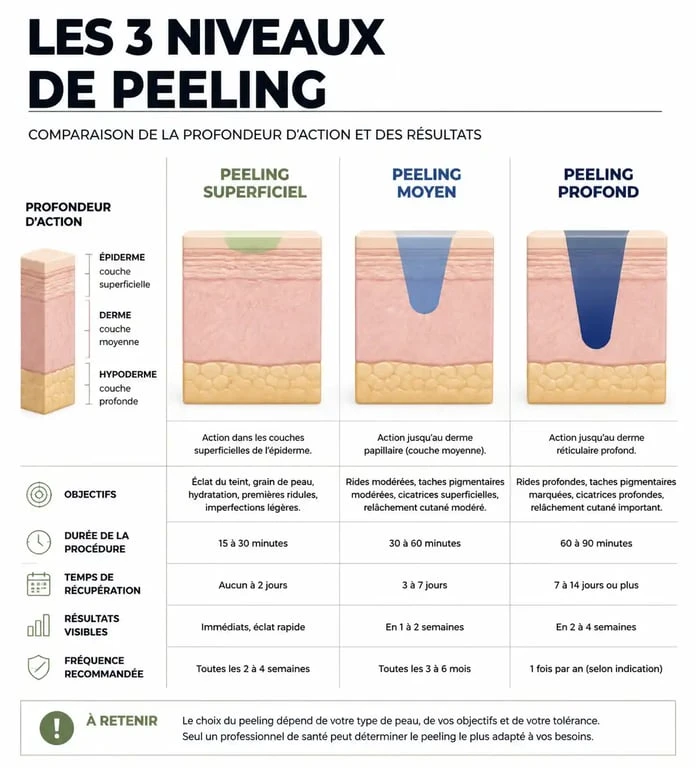Infographie comparative des types de peeling : superficiel, moyen et profond pour comprendre c'est quoi un peeling