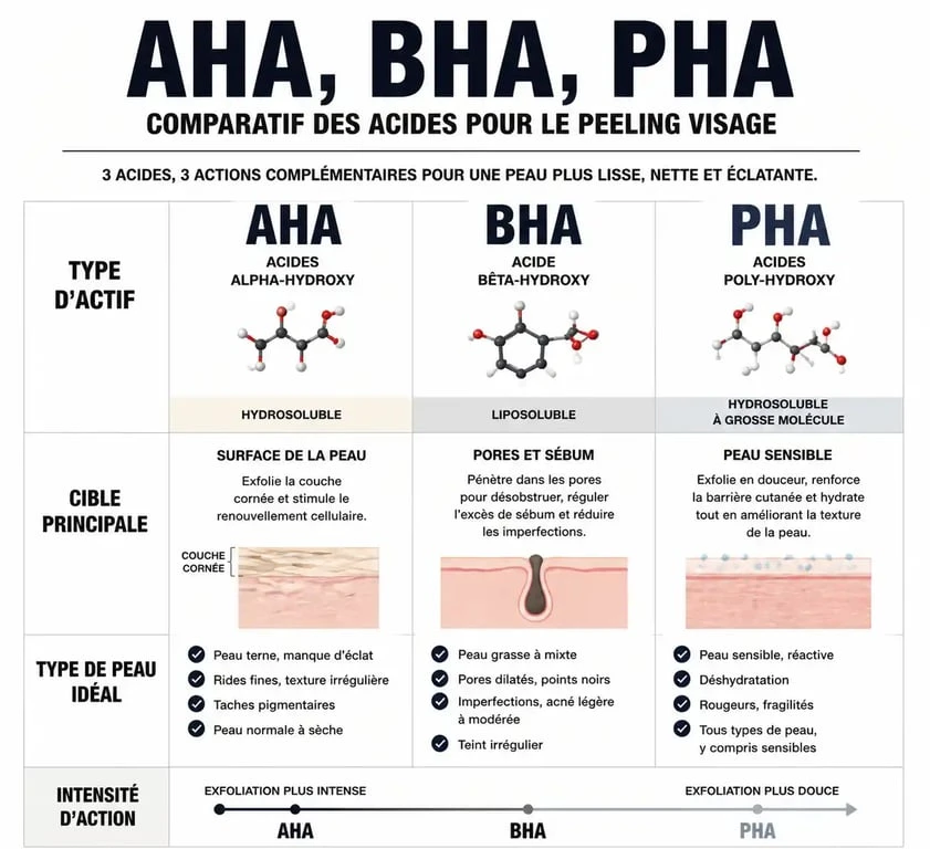 Infographie comparative des acides AHA, BHA et PHA pour choisir le meilleur peeling visage en pharmacie selon son type de peau