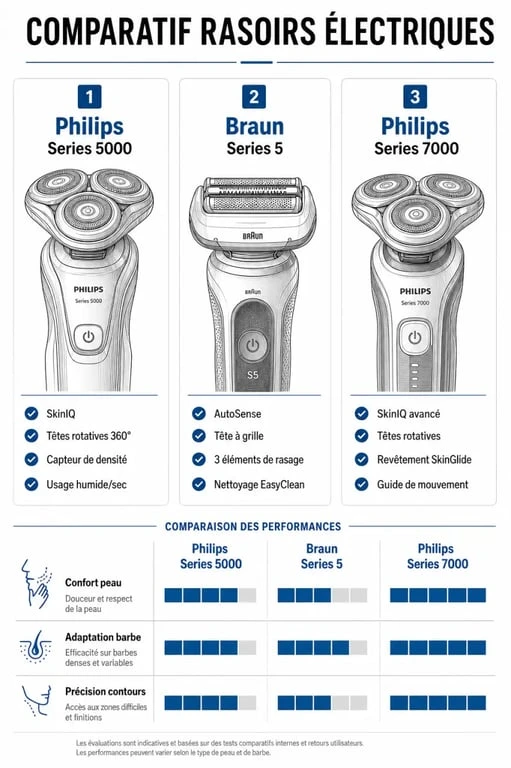 Comparatif technique des rasoirs Philips Série 5000, Braun Series 5 et Philips Série 7000 pour choisir le meilleur modèle