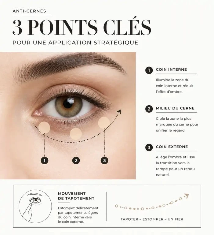 Schéma explicatif des points d'application pour appliquer son anti-cernes efficacement
