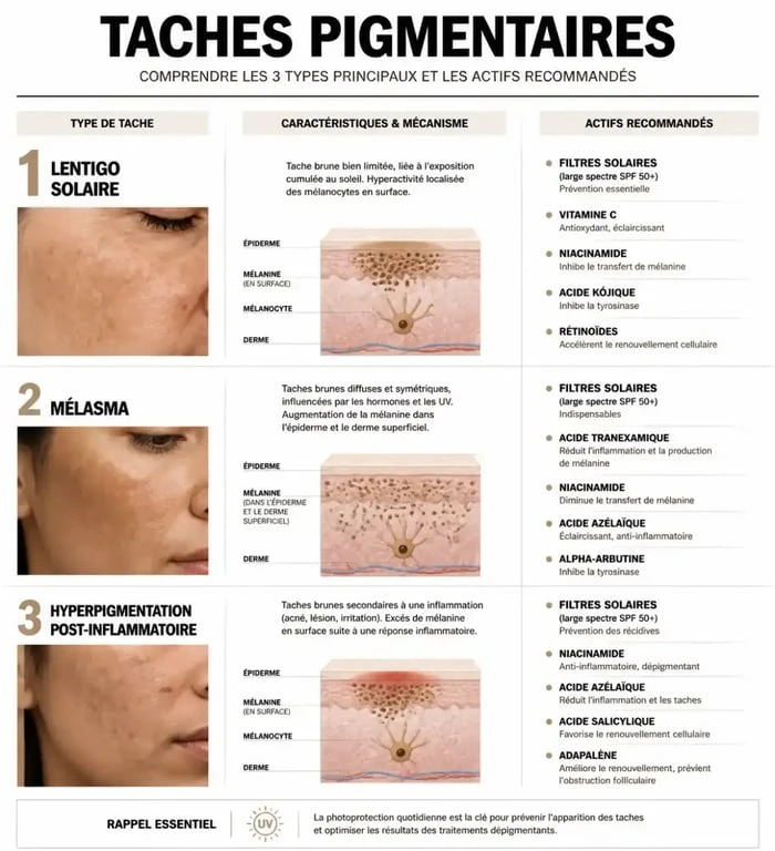 Infographie explicative sur le meilleur correcteur tache brune : actifs et types de taches