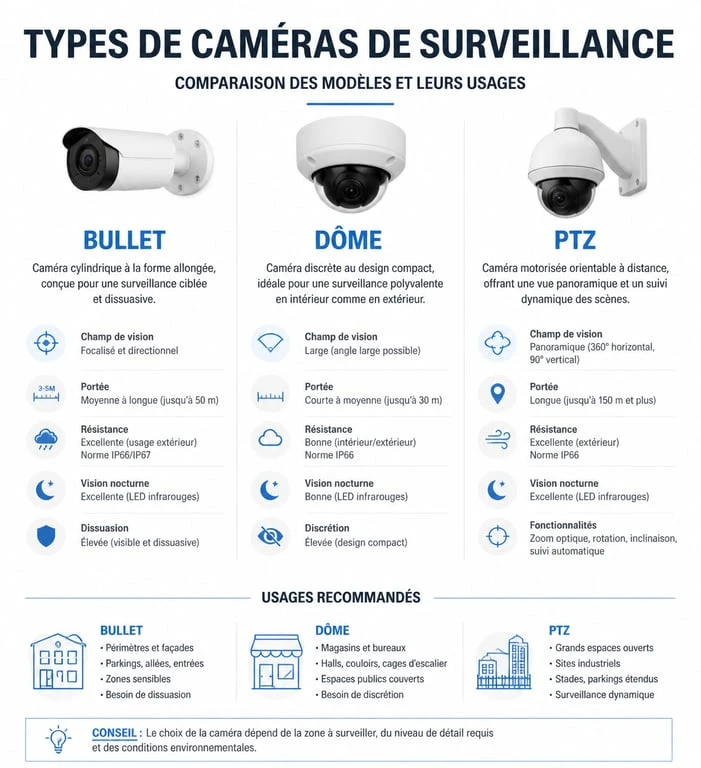 Comparatif des types de caméras de surveillance : Bullet, Dôme et PTZ pour bien choisir sa caméra de surveillance