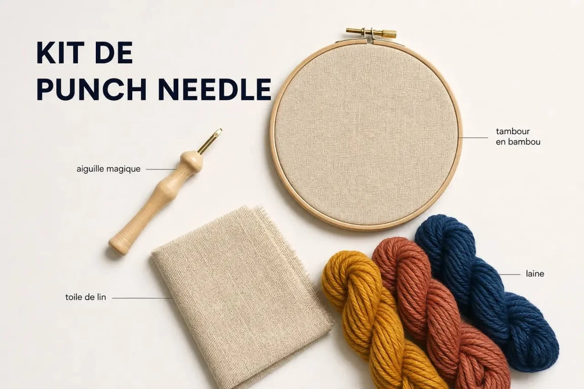 Composition d'un kit punch needle complet pour débutant avec aiguille, tambour et laine
