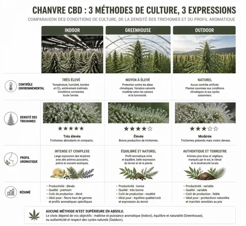 Infographie comparative des méthodes de culture du chanvre CBD pour La Ferme du CBD