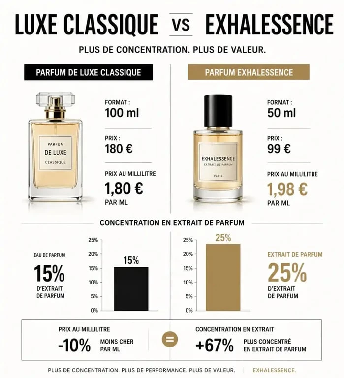 Comparatif visuel du prix et de la concentration entre Exhalessence et les parfums de luxe pour un avis éclairé sur la marque.