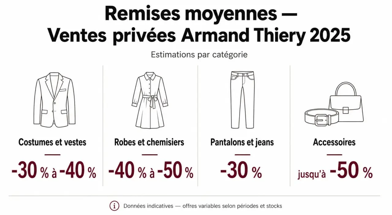 Infographie des remises moyennes pour les ventes privées Armand Thiery 2025 par catégorie de produits