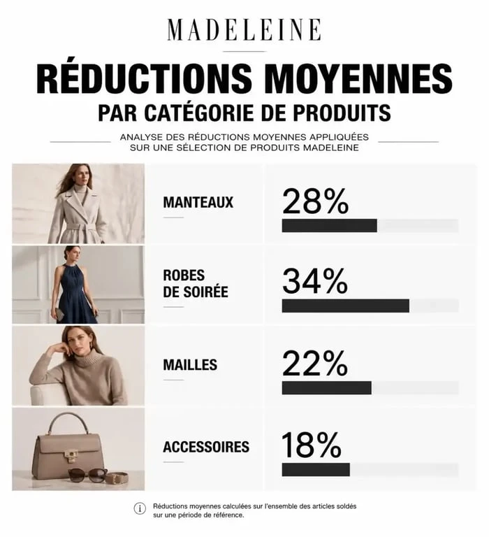 Tableau des réductions pendant les soldes MADELEINE par catégorie de vêtements