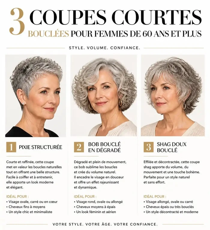 Exemples de coupes de cheveux frisés courts pour femme de 60 ans : Pixie, carré dégradé et Shag