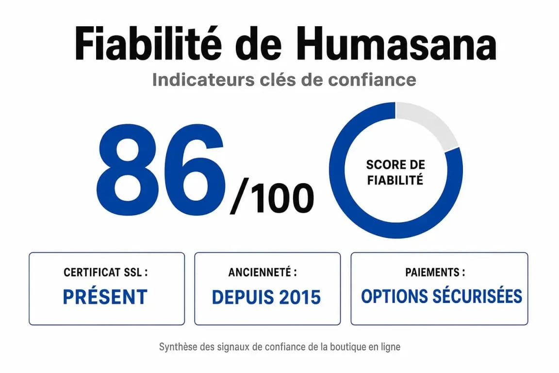 Infographie sur la fiabilité et les avis Humasana : score de confiance, sécurité et ancienneté du site.
