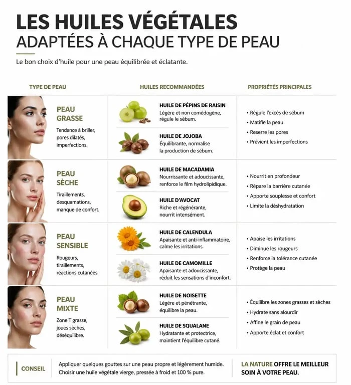 Tableau récapitulatif des huiles végétales pour hydrater sa peau sans crème selon le type de peau