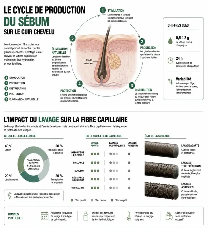 Infographie sur le cycle du sébum et la fréquence de lavage des cheveux pour une santé capillaire optimale