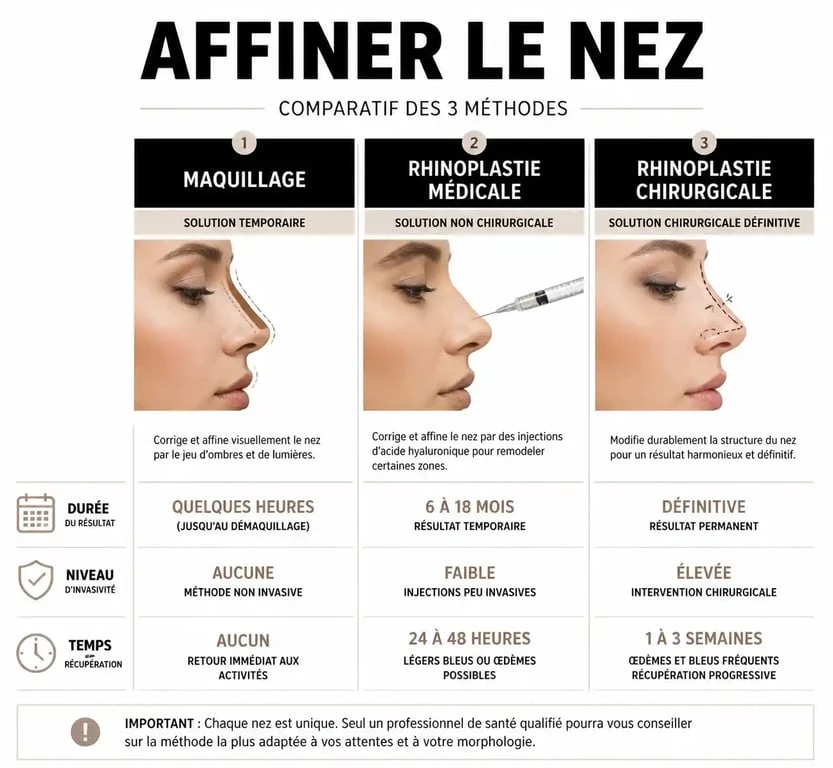 Infographie comparative des méthodes pour affiner son nez : maquillage, injections et chirurgie