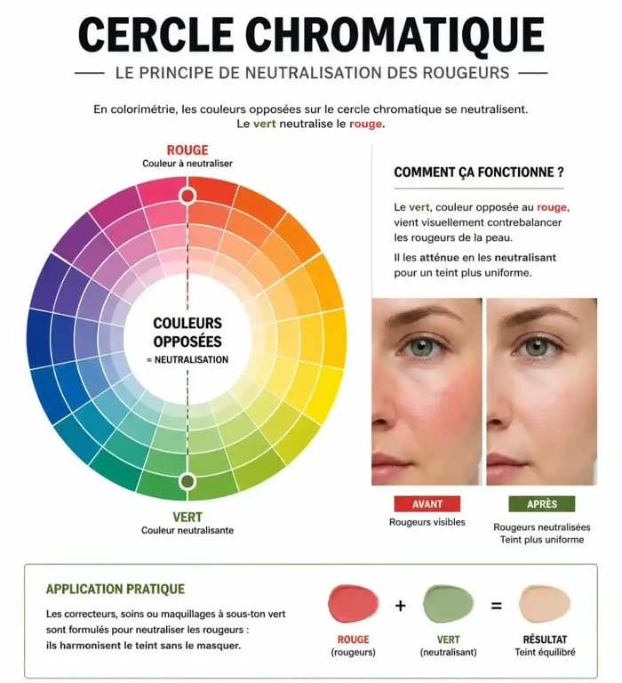 Infographie explicative sur le fonctionnement du meilleur correcteur vert pour neutraliser les rougeurs du visage
