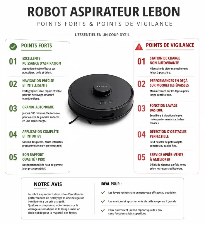 Infographie comparative des fonctionnalités et points forts du robot aspirateur Lebon pour aider à l'achat