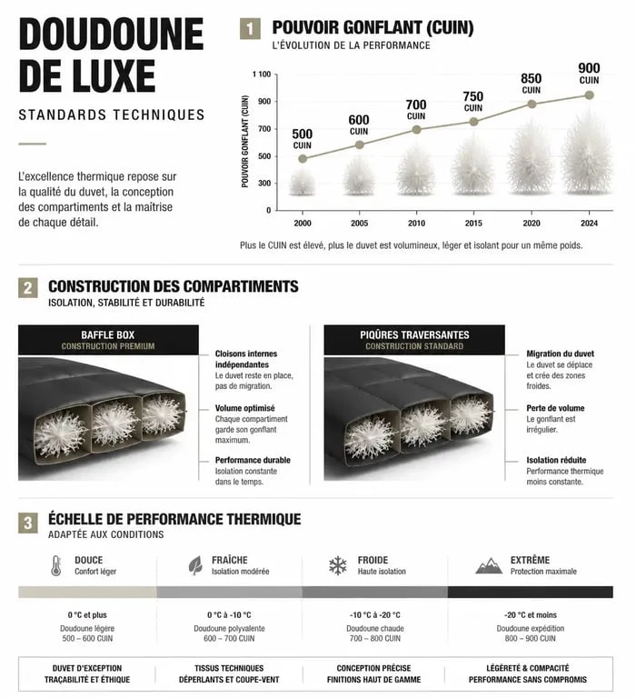 Infographie des standards techniques pour choisir une doudoune de luxe : pouvoir gonflant CUIN et construction Baffle Box.