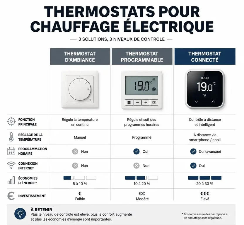 Comparatif des types de thermostats pour chauffage électrique : ambiance, programmable et connecté pour optimiser sa consommation.
