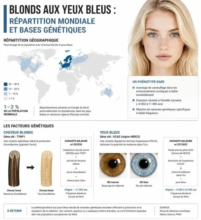 Infographie sur la génétique et la répartition géographique des personnes blondes aux yeux bleus