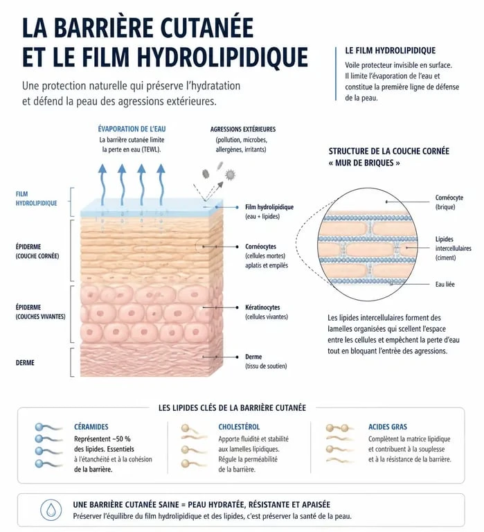 Schéma explicatif du film hydrolipidique et de l'hydratation de la peau