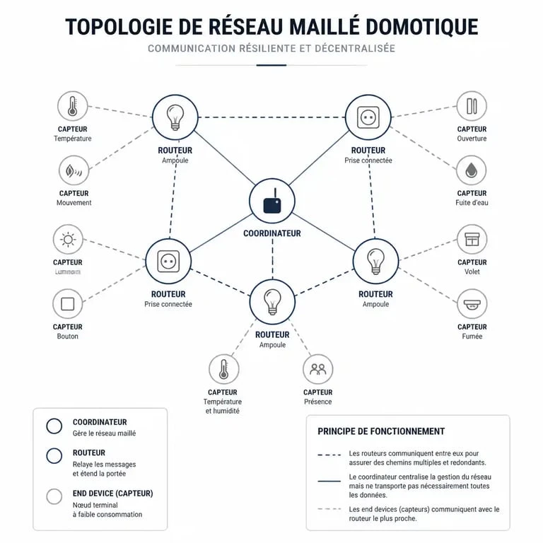 Schéma de fonctionnement d'un réseau domotique maillé Zigbee avec coordinateur, routeurs et capteurs