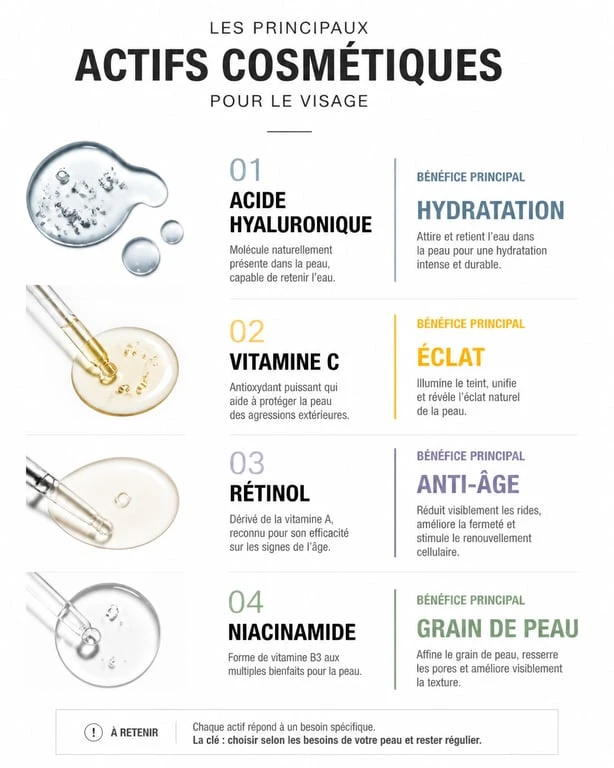 Infographie comparative des actifs pour choisir son sérum visage : acide hyaluronique, vitamine C, rétinol et niacinamide.