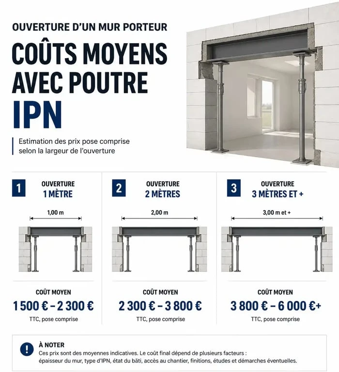 Estimation du prix pour l'ouverture d'un mur porteur avec pose d'une poutre IPN selon la largeur de l'ouverture