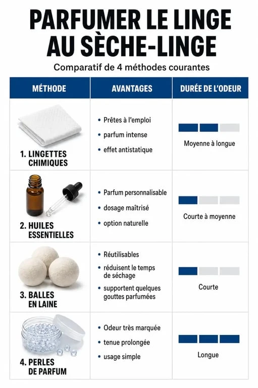 Infographie comparative des astuces pour une bonne odeur au sèche-linge
