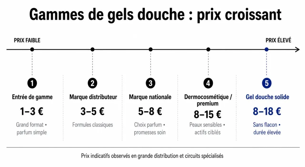 Infographie comparative des prix des gels douche par catégorie pour mieux comprendre le gel douche prix.
