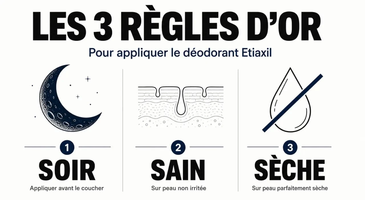 Infographie des règles d'application du déodorant Etiaxil pour éviter les avis négatifs
